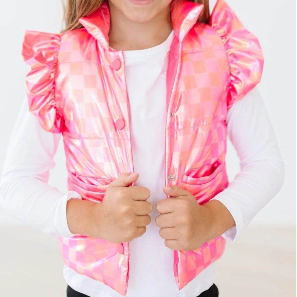 MILA & ROSE NWT Barbiecore Pink Checker Neon Puffer Vest